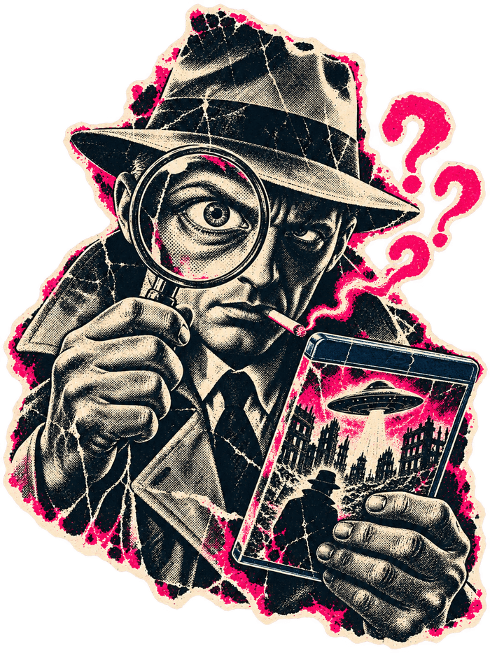 A noir detective inspecting a Blu-ray through a magnifying glass
